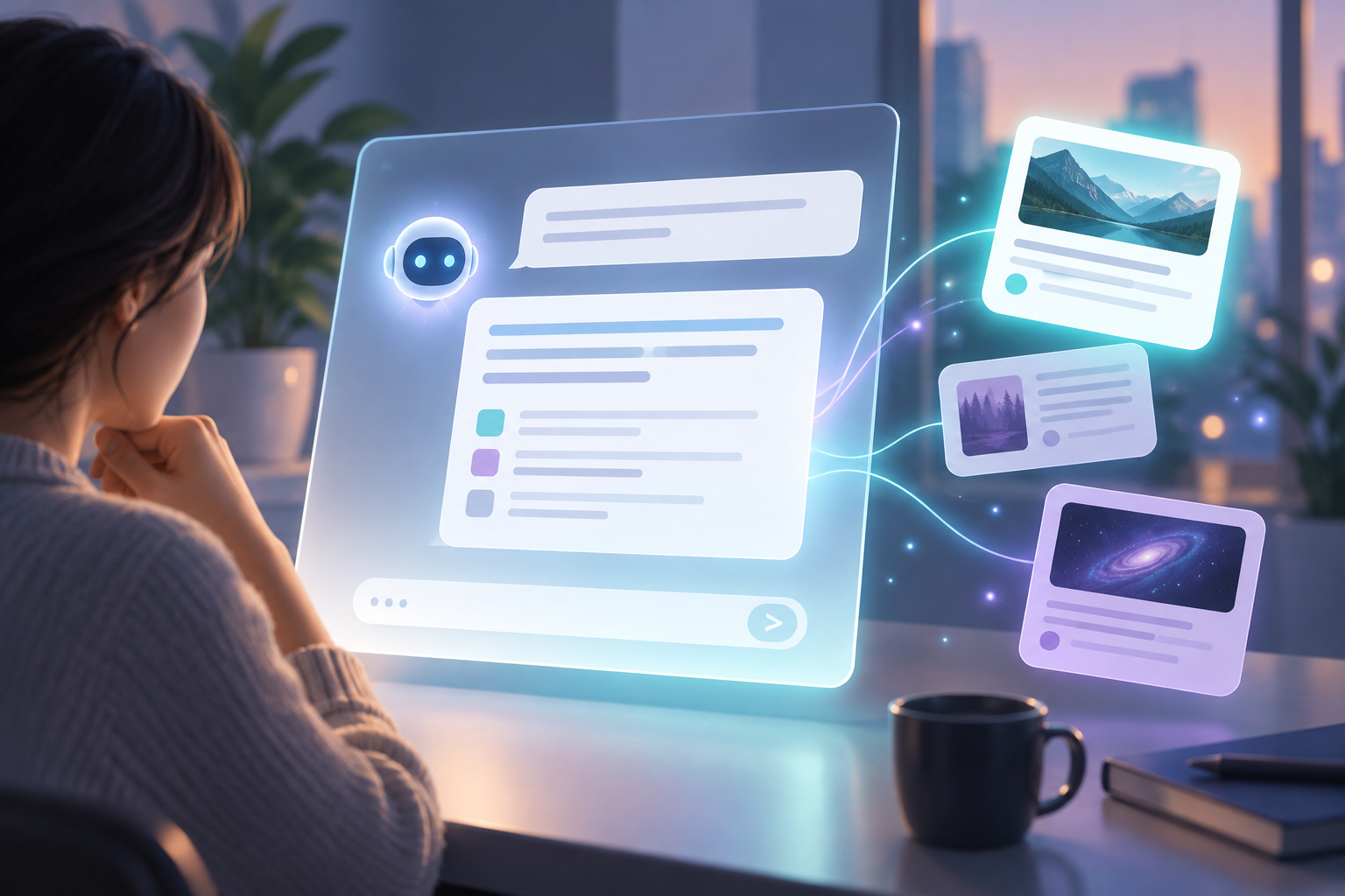 Illustration of an AI chat interface with floating citation cards